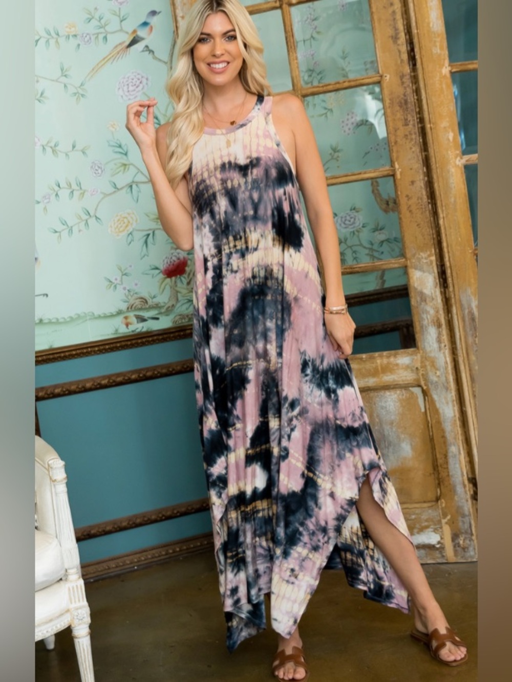 Sweet Lovely by Jen Flowy Super Soft Sleeveless Tie Dye Tank Dress in Mauve Ink